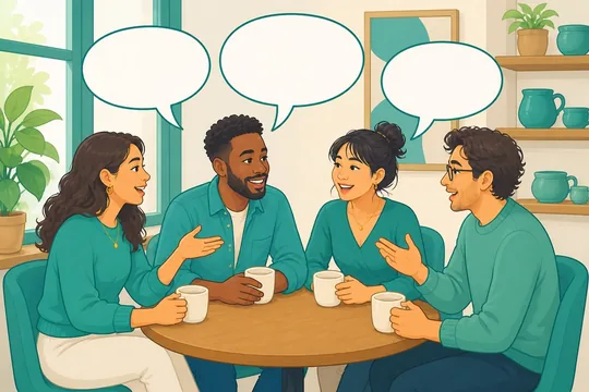 A café table with cups and three overlapping speech bubbles above it.