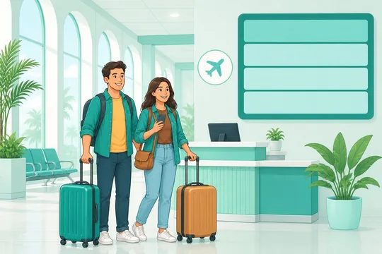 A suitcase under a dashed flight arc with a location pin and a speech bubble.