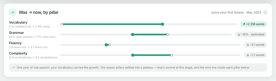 The Was → now, by pillar card comparing the first lessons with today across vocabulary, grammar, fluency and complexity.